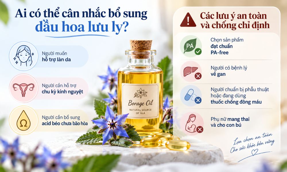 Ai có thể cân nhắc bổ sung dầu hoa lưu ly, lưu ý an toàn và đối tượng cần thận trọng khi sử dụng