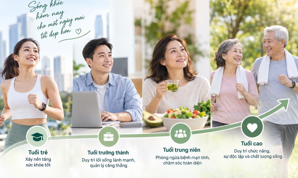 Vì sao nên xây dựng Healthy Aging từ sớm?Healthy Aging được WHO tiếp cận theo suốt vòng đời, nghĩa là những yếu tố liên quan đến sức khỏe và khả năng chức năng ở tuổi cao có thể chịu ảnh hưởng từ nhiều giai đoạn trước đó. Lối sống, điều kiện kinh tế xã hội, môi trường sống và khả năng tiếp cận dịch vụ chăm sóc sức khỏe đều có thể góp phần tạo nên sự khác biệt về sức khỏe khi tuổi cao. Điều này giải thích vì sao chăm sóc sức khỏe không chỉ dành cho người lớn tuổi mà có thể bắt đầu từ tuổi trưởng thành và tiếp tục được điều chỉnh theo từng giai đoạn cuộc sống.Tuy nhiên, bắt đầu chăm sóc sức khỏe ở tuổi nào cũng có ý nghĩa và không nên hiểu rằng cơ hội xây dựng Healthy Aging chỉ thuộc về người trẻ. Ở người lớn tuổi, việc duy trì hoạt động thể chất, cải thiện chế độ ăn và quản lý các bệnh lý đang có vẫn có thể hỗ trợ khả năng vận động, sức khỏe và sự độc lập. Mục tiêu nên được điều chỉnh theo tuổi, thể trạng, bệnh nền và điều kiện sinh hoạt thay vì áp dụng một kế hoạch giống nhau cho tất cả mọi người