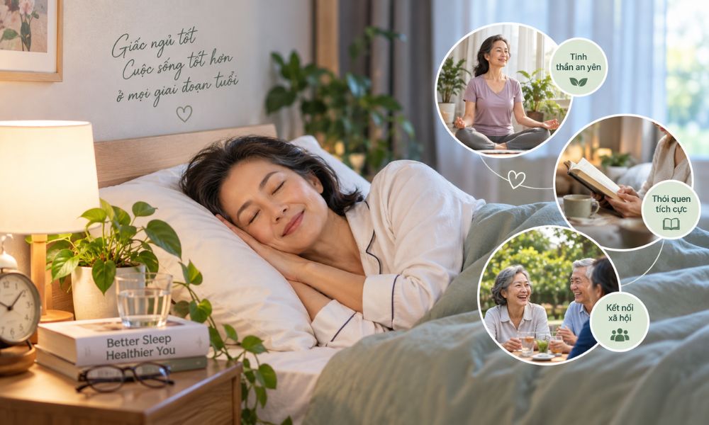 Giấc ngủ và sức khỏe tinh thần với Healthy Aging, thói quen ngủ, kết nối xã hội và duy trì sức khỏe tinh thần