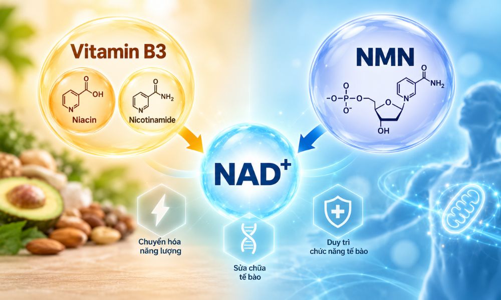 NMN có thay thế được vitamin B3 không, sự khác biệt về vai trò dinh dưỡng và quá trình tạo NAD+